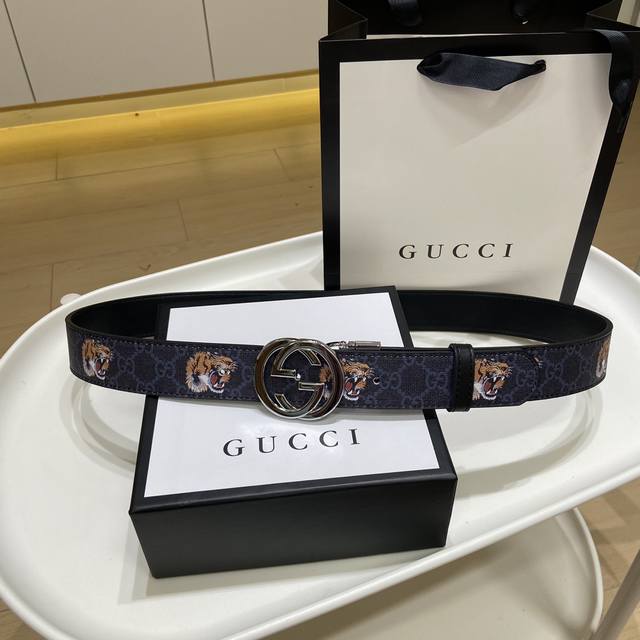 元 新品 ～配包装～虎头 银头～新款Gucci古驰米奇男士皮带腰带 经典全皮印花，进口南非皮底！区别市场货 随意对比 精品双G钢扣 全套包装发票！打孔器！专柜同
