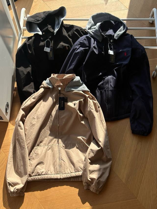 供 Polo Ralph Lauren Vintage 拉夫劳伦 可拆卸衣领帽毛毡哈灵顿夹克 黑色 卡其 藏青 S~Xl 面布定织锦棉面料 全棉毛毡布内衬 成衣