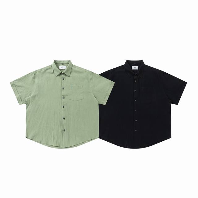 830#Ami新款同色爱心短袖衬衫 现货发售 对版定制面料 宽松版型 上身高级感十足 单穿内搭都可 男女同款 颜色:黑色 绿色 码数:S M L Xl