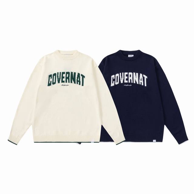 C07#Covernat韩国小众品牌 字母圆领毛衣 休闲宽松版型 面料柔软不扎肤 上身绝绝子 男女同款 颜色:杏色 宝蓝 码数:S M L Xl
