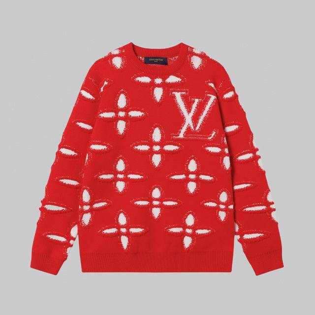 高品质 Louis Vuitton 路易威登凹凸嵌花毛衣 Lv鲜红毛衣迎接新年，套头衫取材柔软而厚实的绵羊毛混纺 本款圆领衫出自L Seo Bo系列，以3D提花