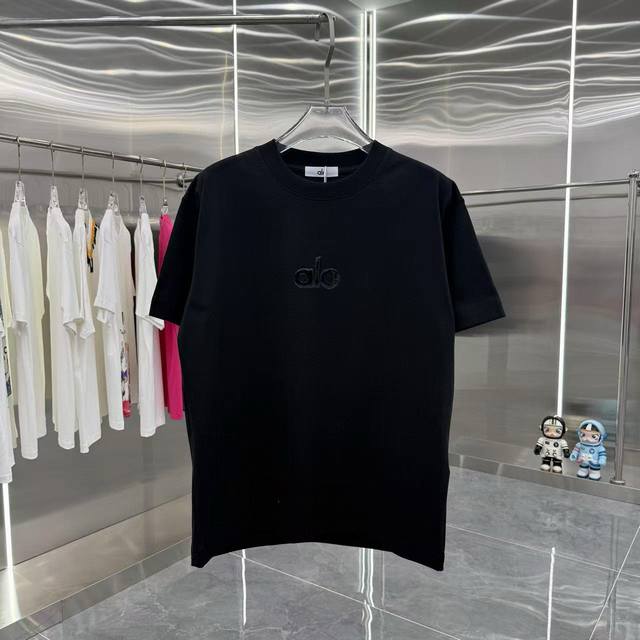 Alo 2025春秋新款 300克 圆领短袖 立体手绘工艺 男女同款Xs S M L Xl 五个码 黑色 白色