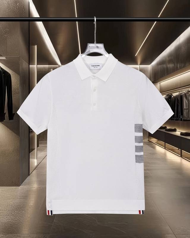 隔天出货 Thom Browne Tb 汤姆布朗 侧边四杠针织休闲短袖Polo衫 2025Ss官网新款原版面料 官方同款 Polo衫定制 网纱毛衣针织面料 高端