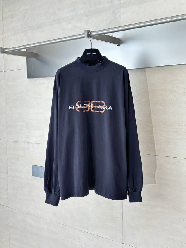 Balenciag* 巴黎Blcg 做旧字母印花长袖T恤 6300购买Zp拆解打造，定制黑色平纹针织面料，做到100%全棉进口纱线，前幅饰以Bb Icon St