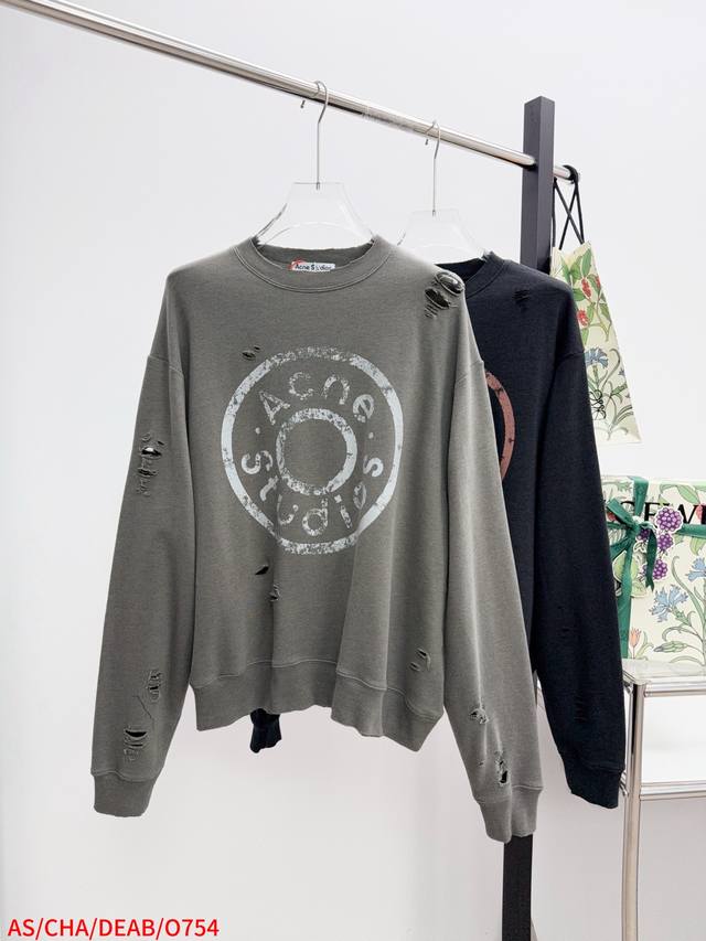 O754 Acne Studios 破洞做旧徽标 定制定染墨韵臻柔棉彩棉料 面布与毛圈底呈同色配置 市场面料现货处面底异色 不符合原版 面料起订量为2吨 单纯面