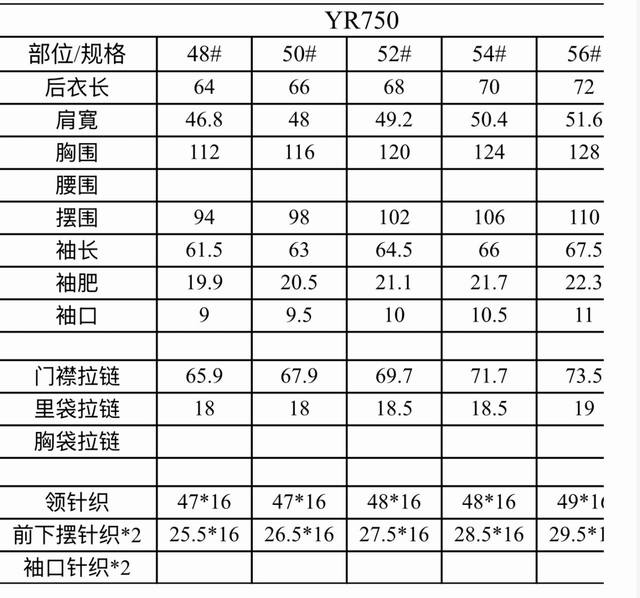 羽绒 蒙口针织拼接羽绒服尺寸表 750Fjl
