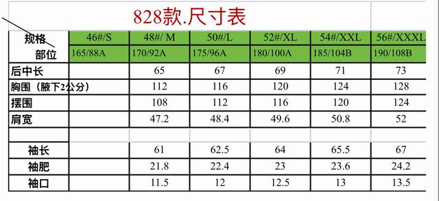 蒙口夹克尺寸表 828Fjl