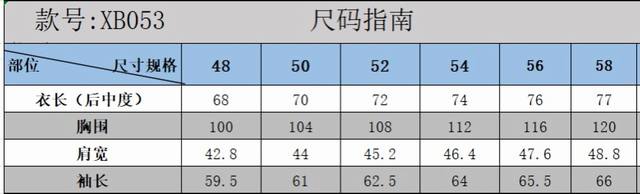 Lp 西服尺寸表 Xb053Fjl