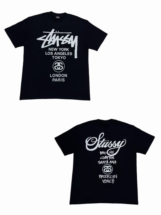 S243# 白底图 Stussy Ss23 世界巡游糸列 字母印花圆领短袖T恤 男女同款 采用圆筒无缝工艺 原版工艺 衣服侧面没有缝合骨位 鉴定重点 面料：全都