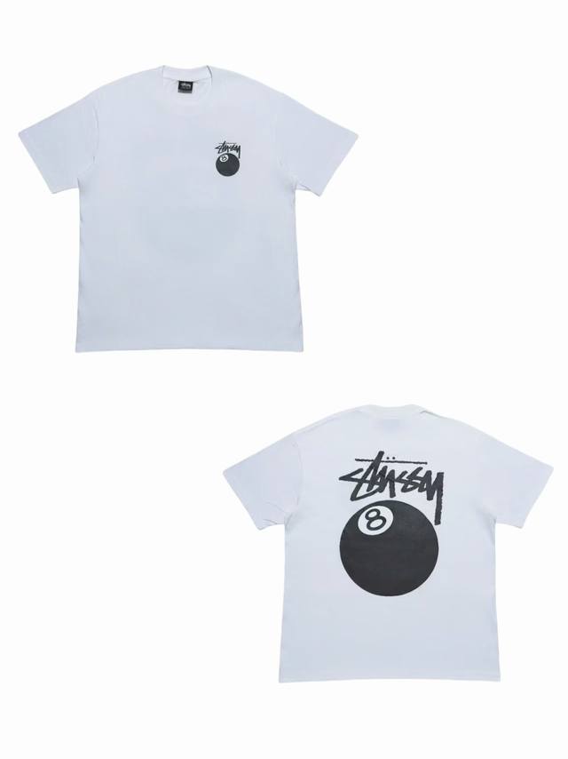S256# 白底图 Stussy 经典黑8台球印花图案短袖T恤 男女同款 采用圆筒无缝工艺 原版工艺 衣服侧面没有缝合骨位 鉴定重点 面料：全都订织定染，260