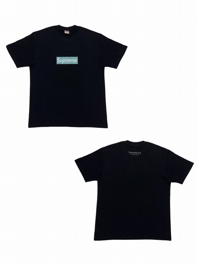 Su104# 白底图 Supreme 蒂芙尼联名款 Box Logotee T恤短袖 男女同款 采用圆筒无缝工艺 原版工艺 衣服侧面没有缝合骨位 鉴定重点 面料