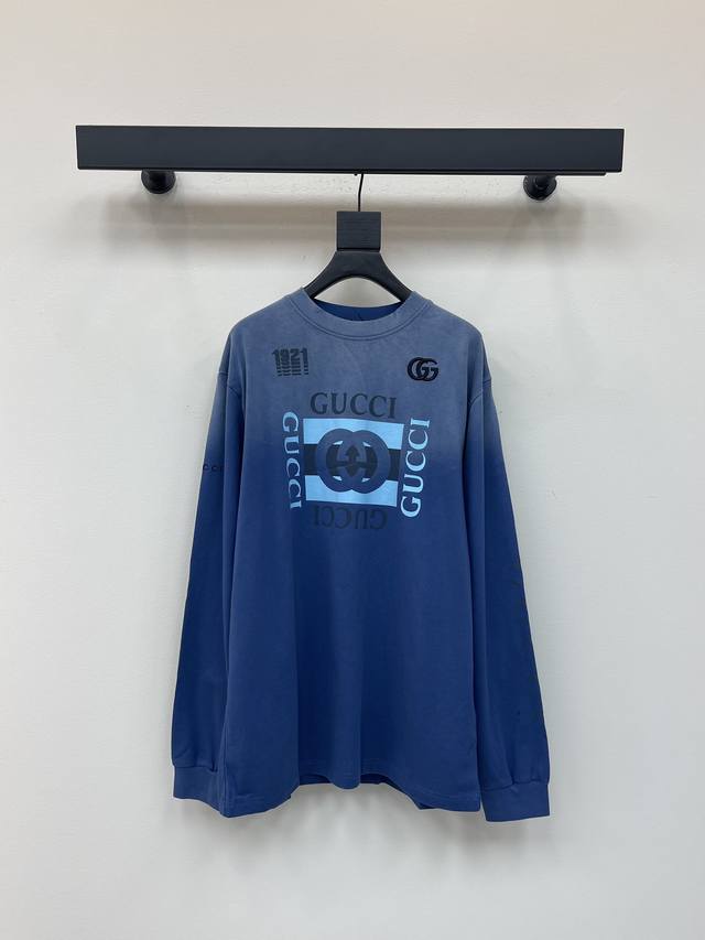 Gucc*25早秋新款重工炒色水洗渐变长袖 定制Yb原生全棉材质 柔软亲肤 久洗不易变形起球 质感十足 圆领Oversized宽松长袖上衣裁剪 时髦休闲 重工洗