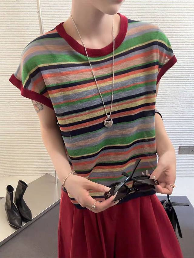 彩虹条纹亚麻针织衫欧洲站新款欧货洋气上衣 均码