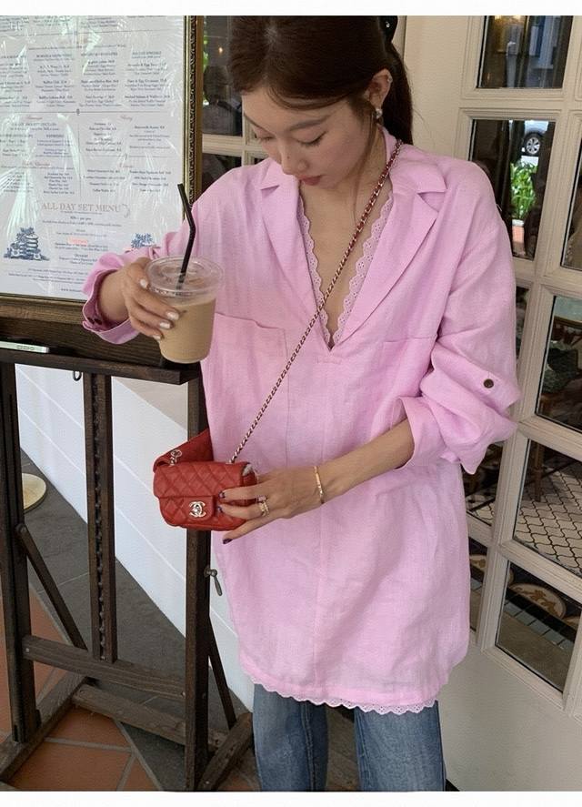 爆款出货！！清冷感亚麻蕾丝拼接廓形设计感衬衫连衣裙女 三色四码