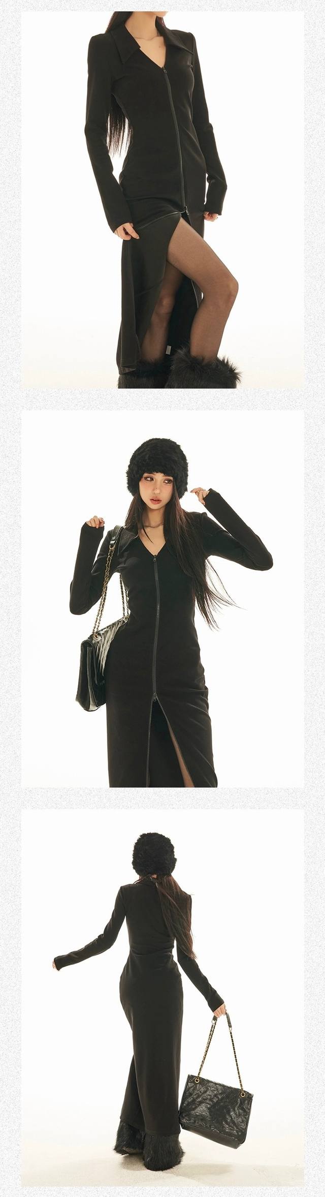 打底裙上新，巨美打底裙来袭开叉V领长袖修身气质新款辣妹显瘦中长裙，面料：320G锦棉罗马；两色四码Smlxl