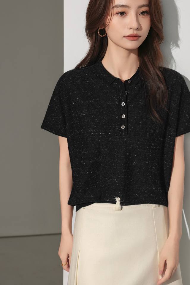 秋款上新亚麻美丽诺羊毛立领纽扣短袖 M-Xl
