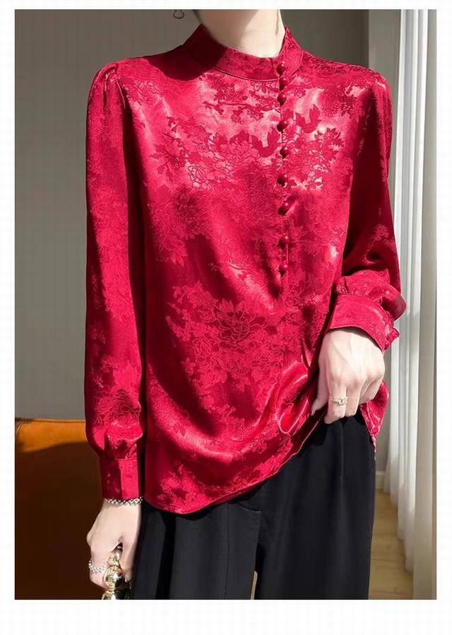 出货！！新中式中国风立领暗纹提花衬衫高端大牌缎面长袖通勤衬衣国风复古提花盘扣立领打底上衣