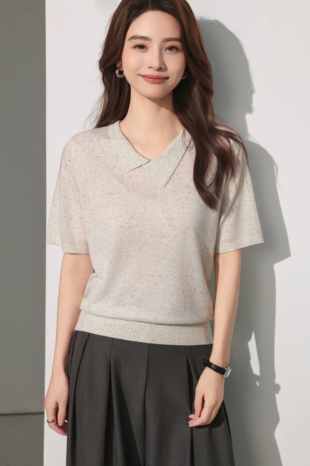 秋款上新亚麻美丽诺羊毛花纱短袖 M-Xl