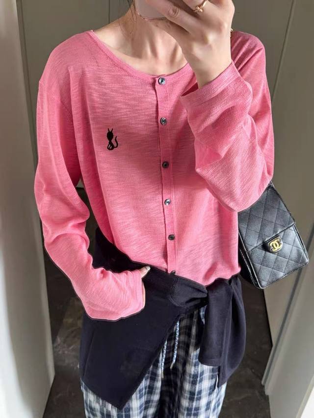 小猫刺绣亚麻冰丝针织开衫女欧洲站夏装新款欧货女装防晒衣潮