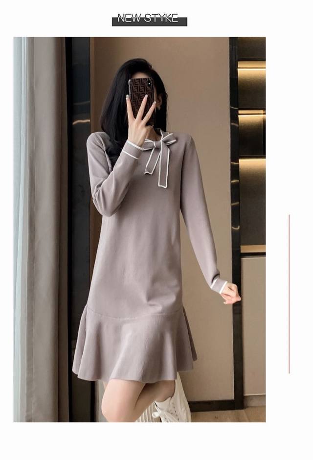 法式小心机优雅蝴蝶结中长款针织鱼尾连衣裙女，Smlxl