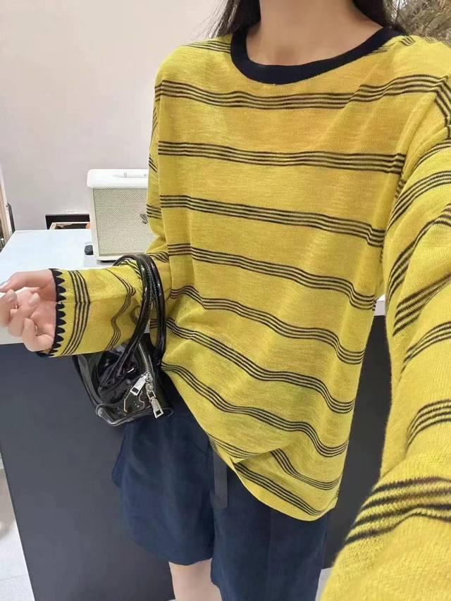 多巴胺穿搭黄色条纹长袖T恤薄款外搭宽松防晒罩衫上衣 均码