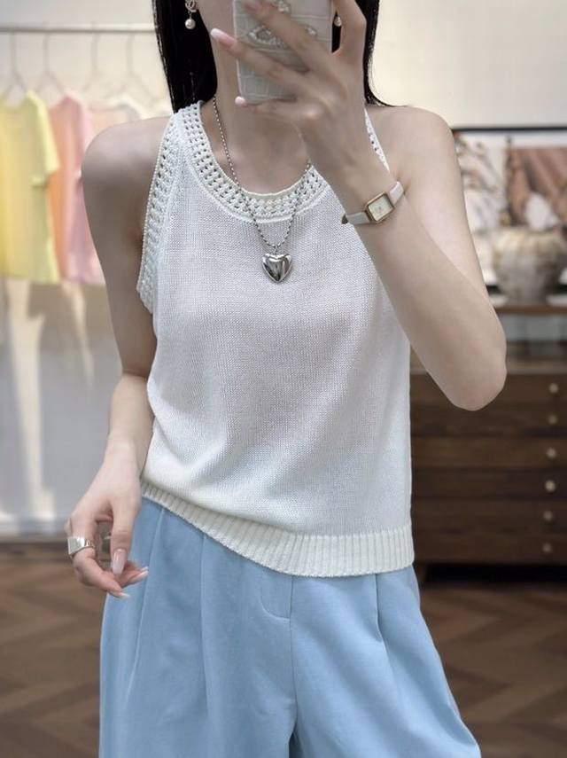 镂空钩花亚麻冰丝针织衫欧洲站新款欧货无袖小衫潮 成分：53.9%腈纶，37.0%莱赛尔，9.1%亚麻