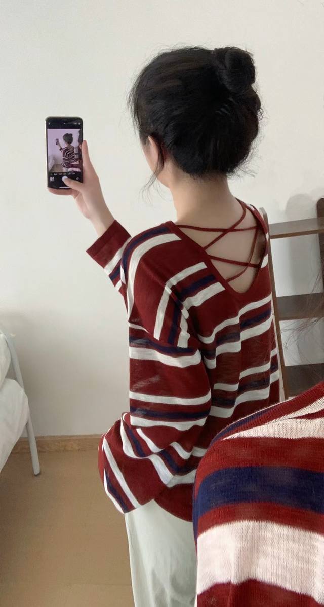 早秋新款时尚百搭圆领高级感针织T恤衫韩系正品条纹上衣 均码