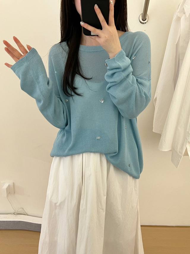 慵懒随性宽松显瘦手工珠片圆领针织衫长袖罩衫春夏 均码 和纸纱