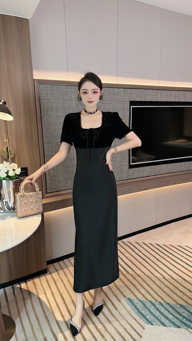 高级感法式优雅小众连衣裙设计感丝绒拼接长裙-码数：Lxl2Xl3Xl