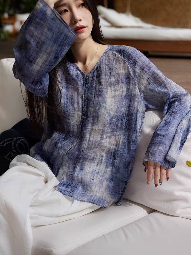 翻单出货！高品质！发财款！海蓝微风苎麻100%印花大摆上衣！图色四码Smlxl
