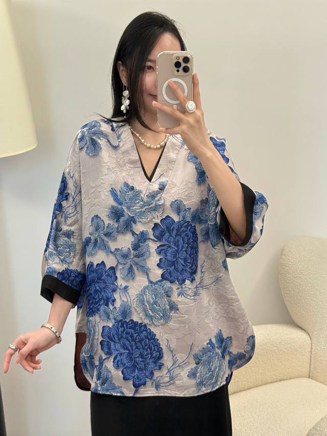 现货真丝香云纱拼真丝欧根纱上衣
