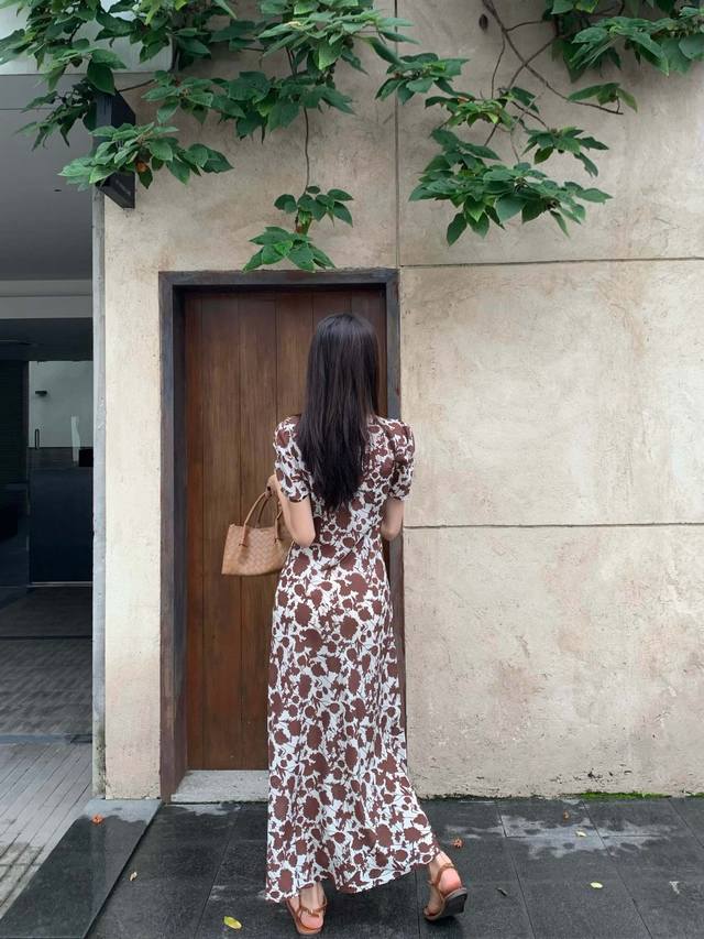 法式斜裁真丝连衣裙 颜色 咖色花 幻彩图案 码数 Smlxl