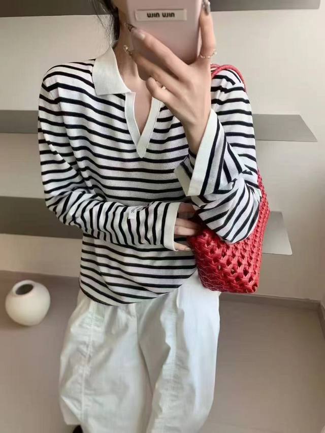 显瘦条纹长袖针织衫女欧洲站新款时尚百搭Polo领薄款透气上衣