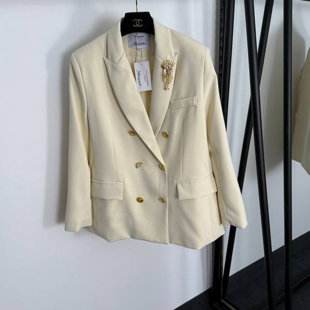 款号20255171 Schiaparelli*新款 金属眼睛胸针装饰 高端定制金色异形纽扣修身长袖西装外套，杏色，黑色，Sml， M码；肩宽40，胸围106，
