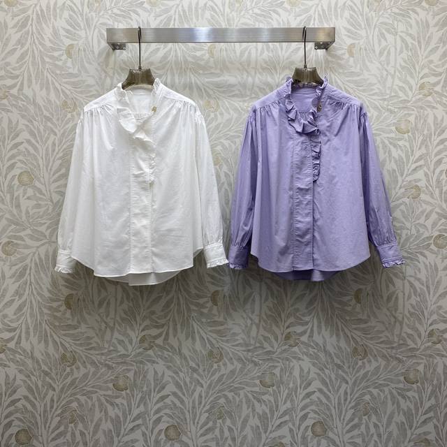 Va★ Fw 木耳花边立领设计金属扣点缀衬衣 ，高级面料，颜色:图片2色，面料:精纺棉面料 Smlxl .