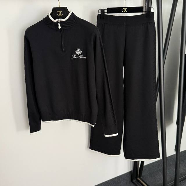 款号20255078 Loro Piana*Lp新款针织套装，Logo刺绣半拉链立领长袖针织衫+高腰直筒长裤，灰色，卡其色，黑色， 均码：肩宽37，胸围98，袖