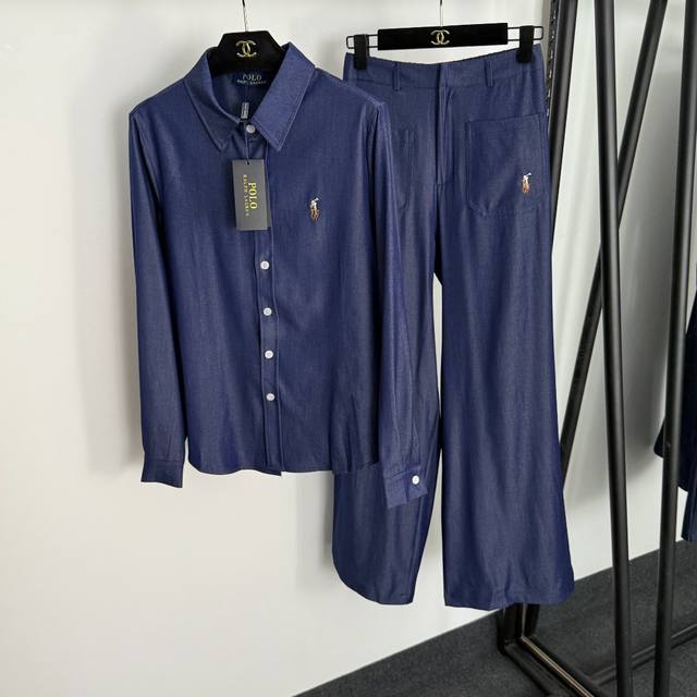款号20255076 Polo Ralph Lauren拉夫.劳伦新款牛仔套装，马球刺绣翻领长袖衬衣+高腰阔腿长裤，蓝色，S-Xl， M码：肩宽40，胸围98，