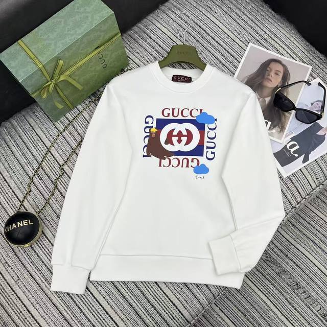 强烈推荐 25年早秋系列 Guc*新款双G Logo字母印花圆领卫衣 单色Sm L .
