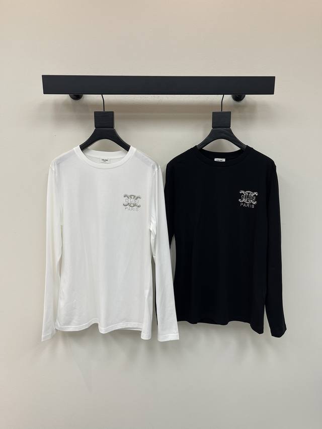 Celin*25早秋新款手工订钻长袖T上衣 宽松慵懒版型 随性感拉满 云感舒适 上身的触感谁穿谁知道的舒服！ 简约高级，单穿叠穿都搭配！ 日常穿搭必备！ Sml