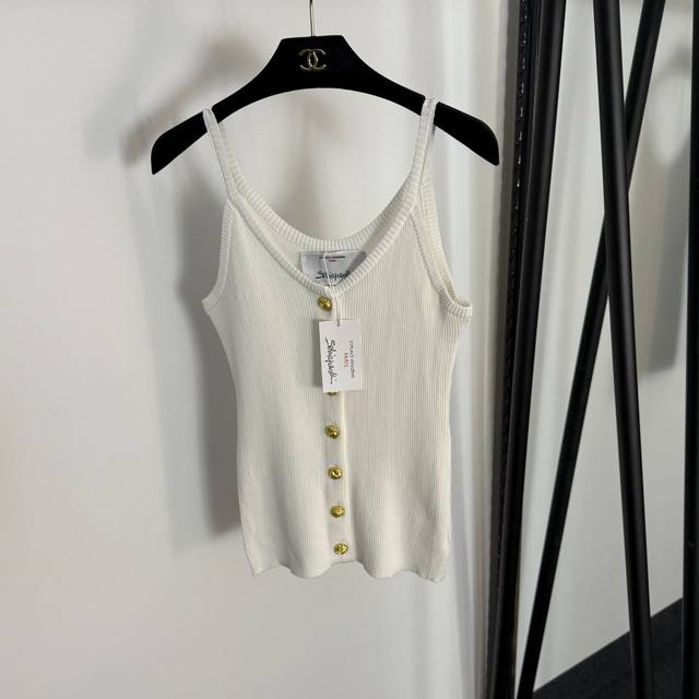 款号20255051 Schiaparelli*新款 高端定制金纽扣修身针织吊带背心 上衣，白色，黑色， 均码：胸围72，长57；重量：0.190Kg .