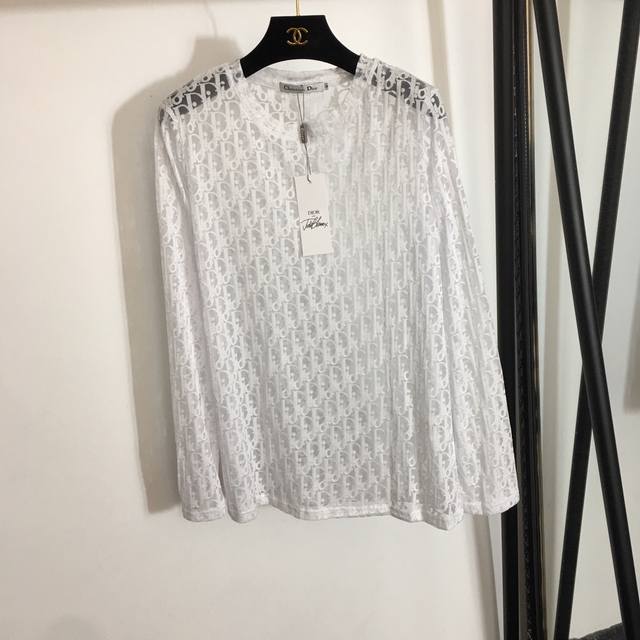 款号 3076 Dio*新款D家字母烧花性感透视 圆领长袖T恤网纱防晒衣打底衫，白色， Sml M码：肩宽39，胸围98，袖长59，衣长65