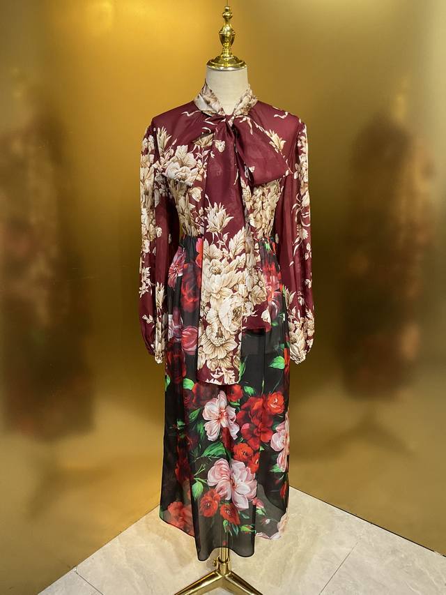 Dg 红底杏色玫瑰10姆米真丝雪纺宽松时尚衬衫Smlxlxxl 207款 现货