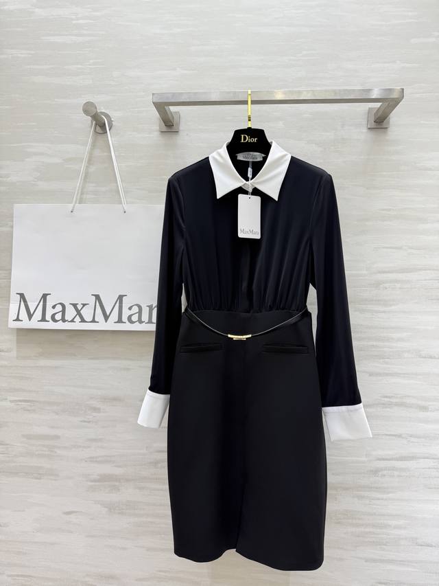Maxmar2早秋新款 赫本风 褶裥衬衣式长袖连衣裙 撞色衬衫领和袖口设计 前中开叉裙摆收腰版型上身显瘦又高挑 搭配金属扣腰带简约有格调 高品质定制 现货首发S