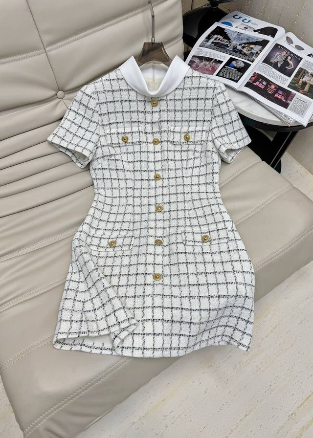高定2025秋冬季新款 格子裙 立领粗花呢Self- 黑白撞色格纹小香风 千金大女主即视感连衣裙Sml