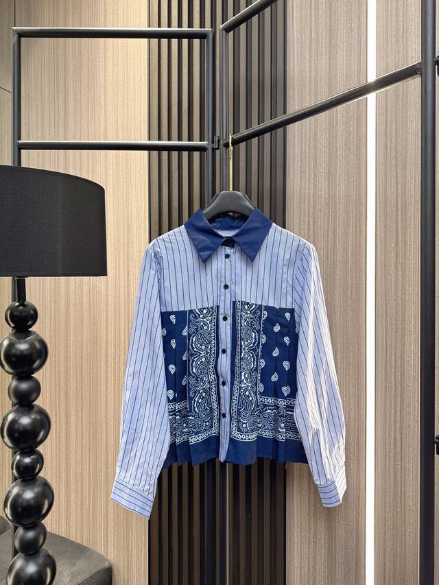 Sacai 2025秋冬新款 印花条纹压褶衬衫！独创立体压褶工艺，打造层次感时髦造型。宽松版型不挑身材，撞色条纹经典耐看。图片色Sml
