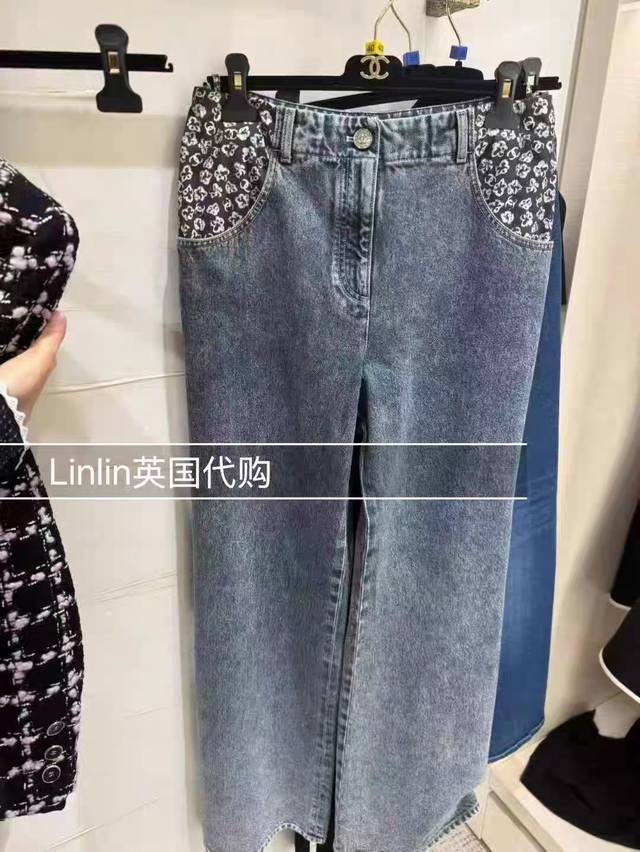 Chane*新款 高端定制洗水棉面料紫色碎花印花拼接渐变色时尚百搭阔腿牛仔裤！34.36.38 36码：腰围70无弹，裤长104