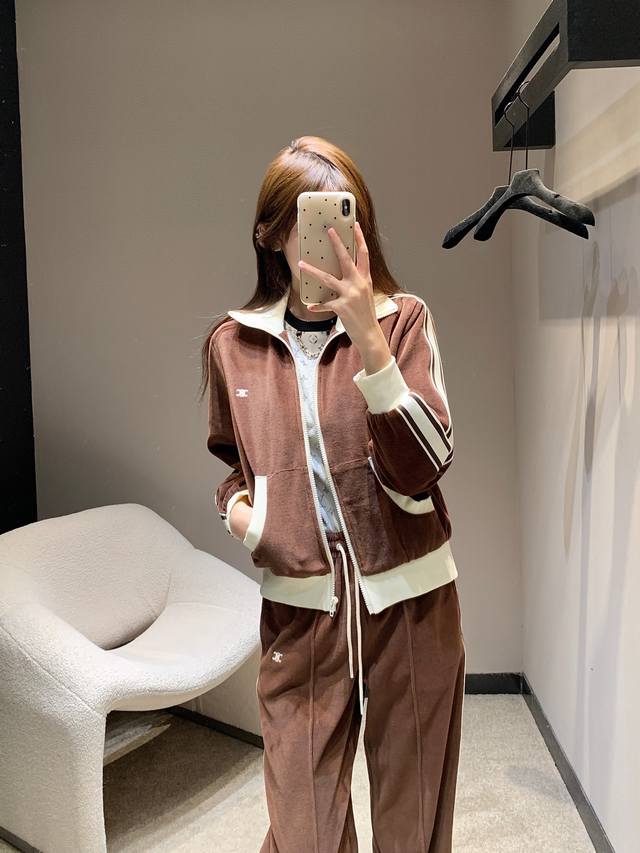 长裤 外套 Celin* 25Fw早秋新款 凯旋门拉链立领休闲外套长裤套装丨独家Yb开发！高版出品！丝绒材质 质感高级品相十足 立领拉链外套 撞色设计 低调时髦