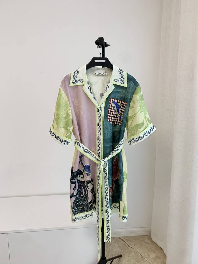 新品6 8 10 12 Alem亚麻豹子翻领短裙