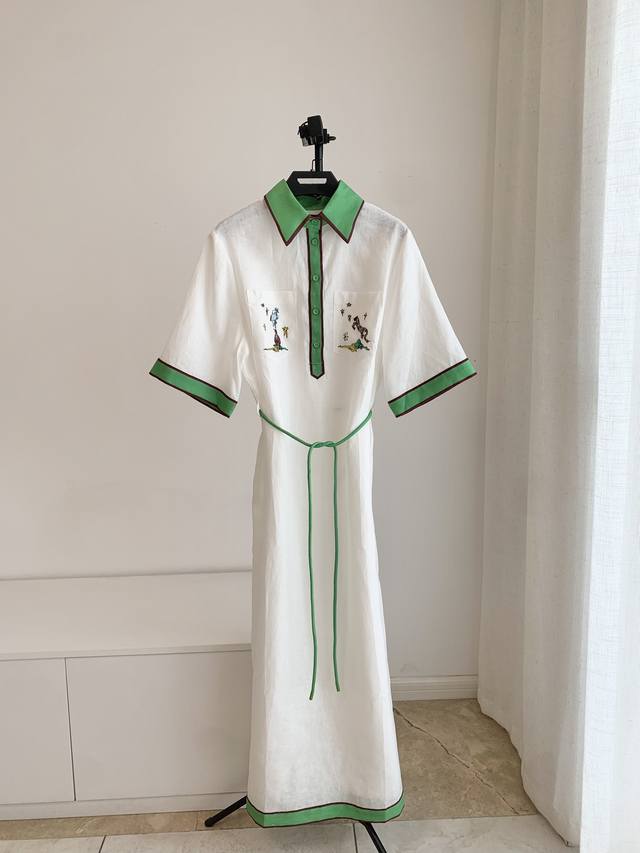 新品6 8 10 12 Alem亚麻白色拼绿色Polo裙