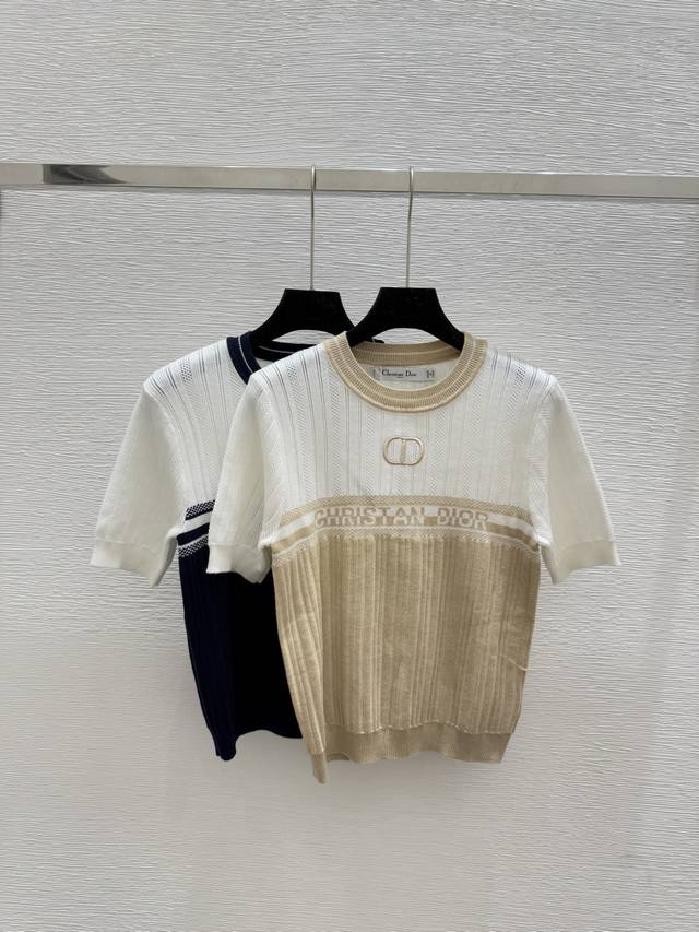 D家 夏季新款 拼色字母圆领针织短袖 颜色：卡其 宝蓝 尺码：36.38.40